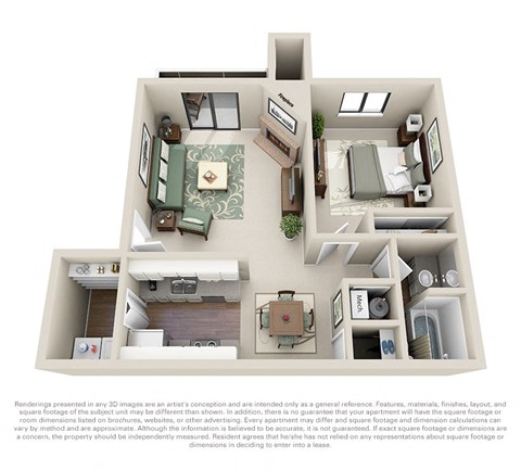 Floor plan for 1 bed, 1 bath, 672 sqft